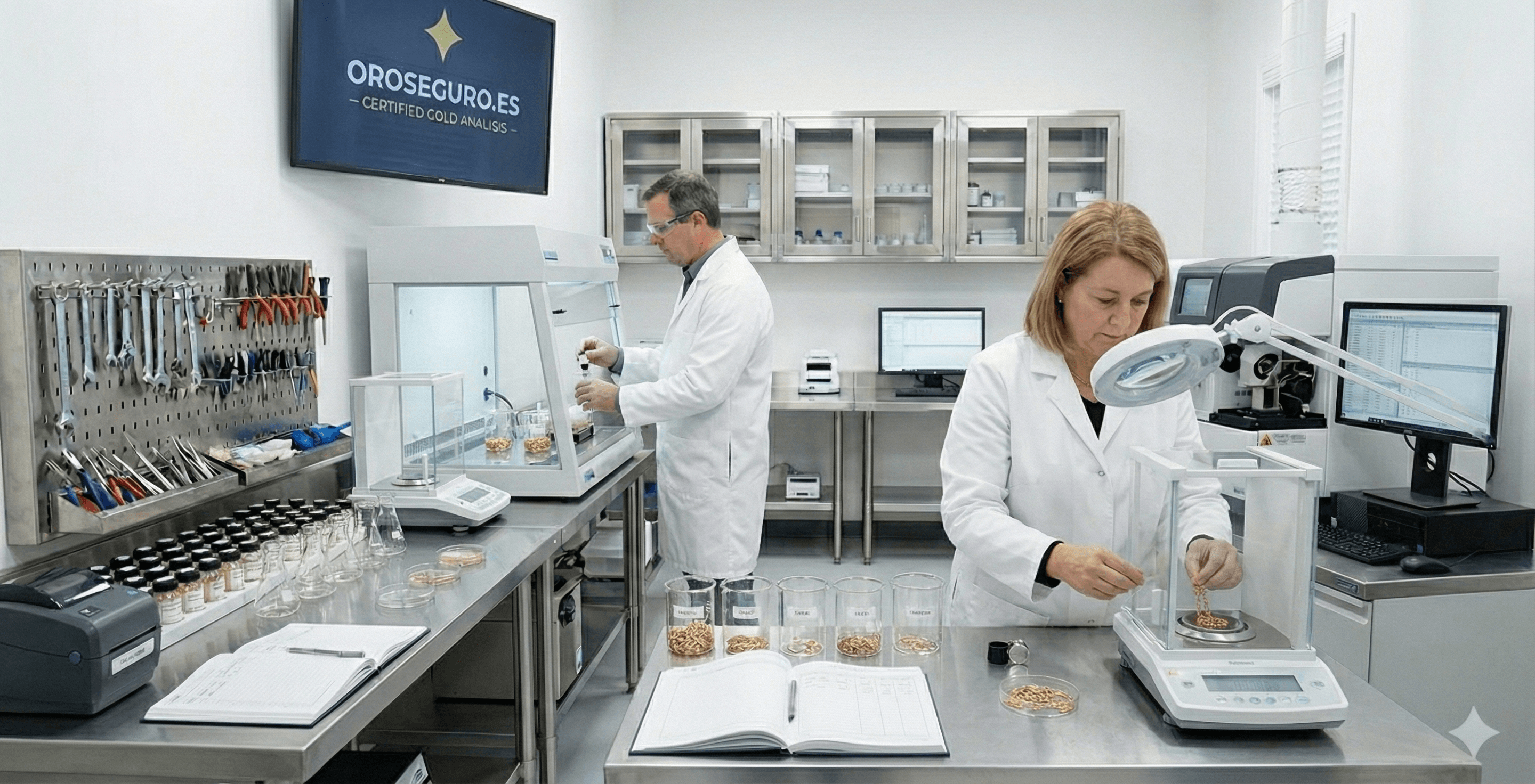 Técnicos analizando piezas de oro en nuestro laboratorio