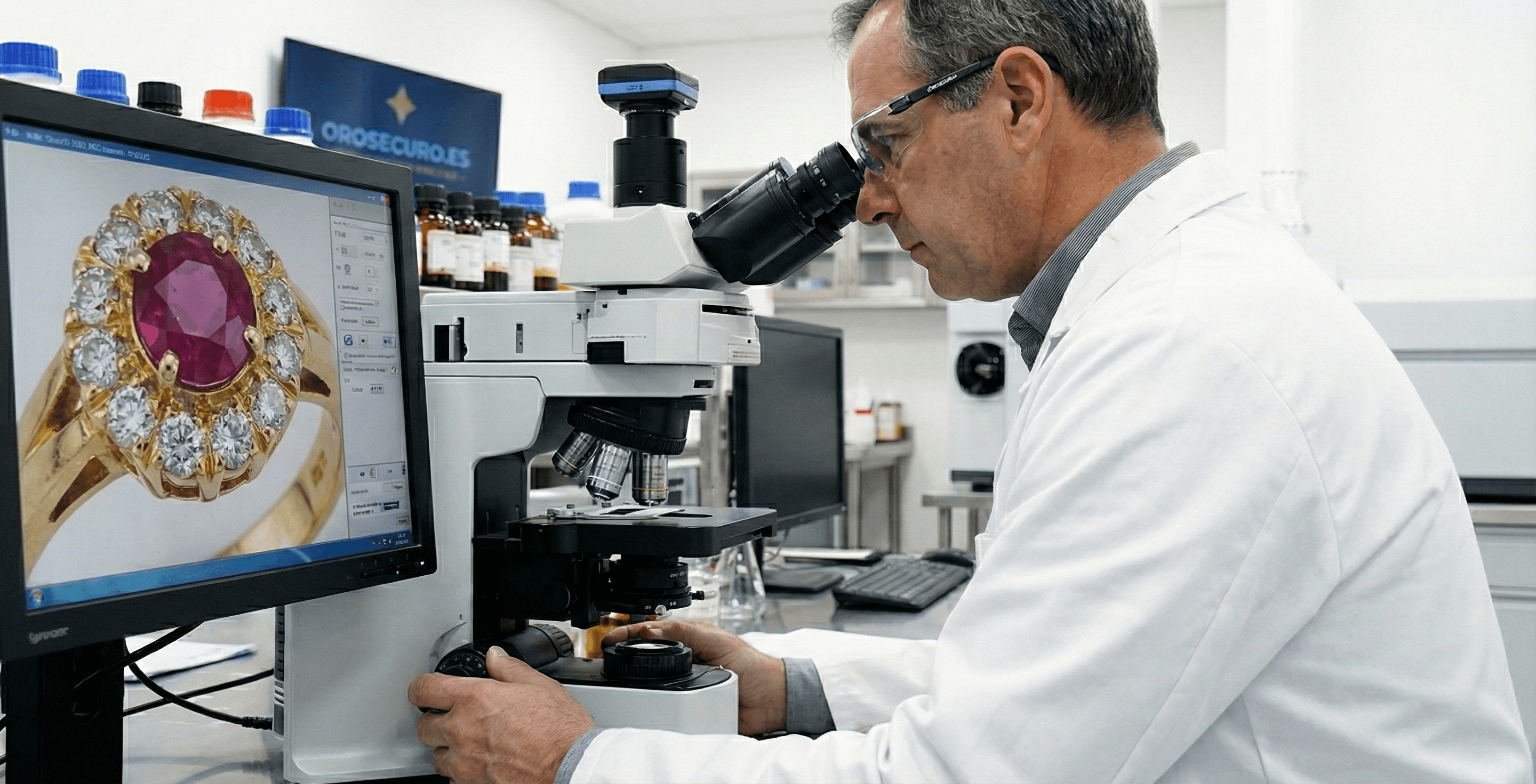 Técnicos analizando piezas de oro en nuestro laboratorio