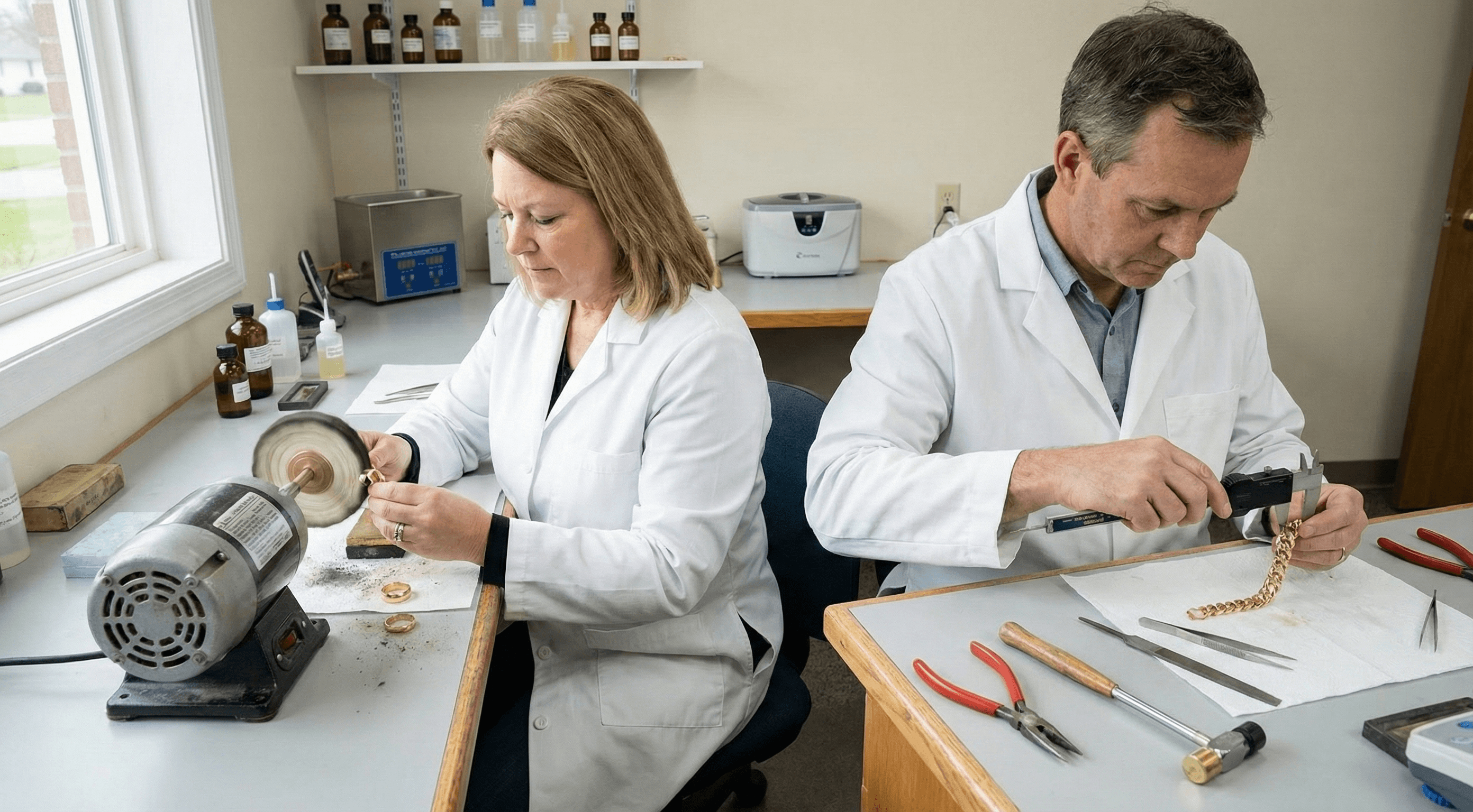 Técnicos analizando piezas de oro en nuestro laboratorio