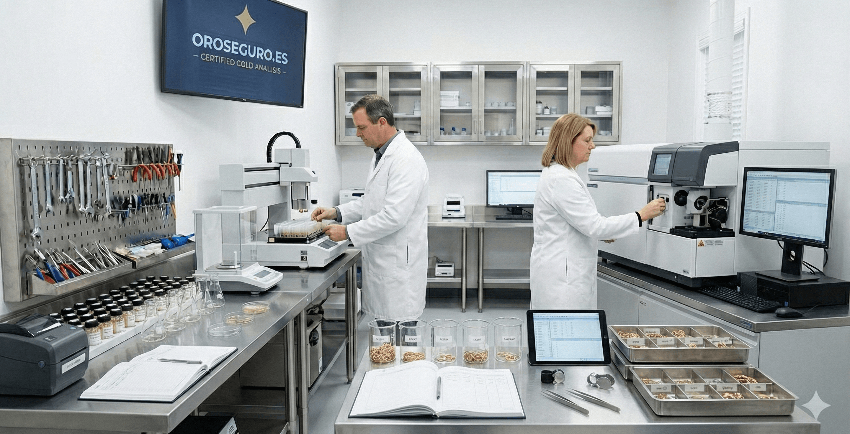 Técnicos analizando piezas de oro en nuestro laboratorio